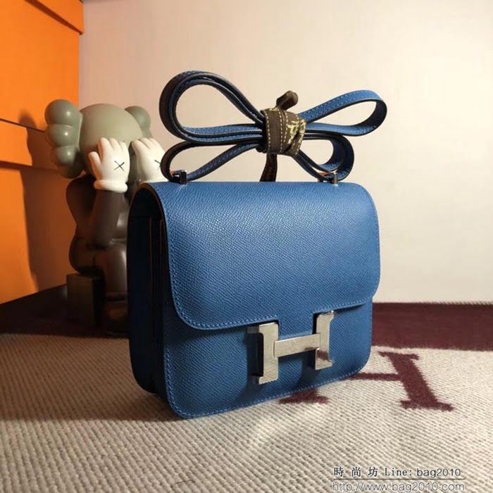 HERMES愛馬仕 空姐包 constance 松石藍 EPSOM 18cm 銀扣 蠟線縫製 單肩斜挎包  Ama1509
